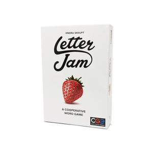 Letter Jam box front: black swooping text, reminiscent of certain glass jars, with a single strawberry on a white background