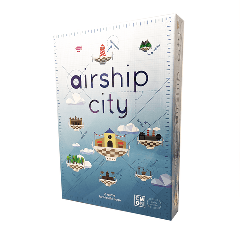 Airship City box front: bright, round floating buildings against a soft blue and white background